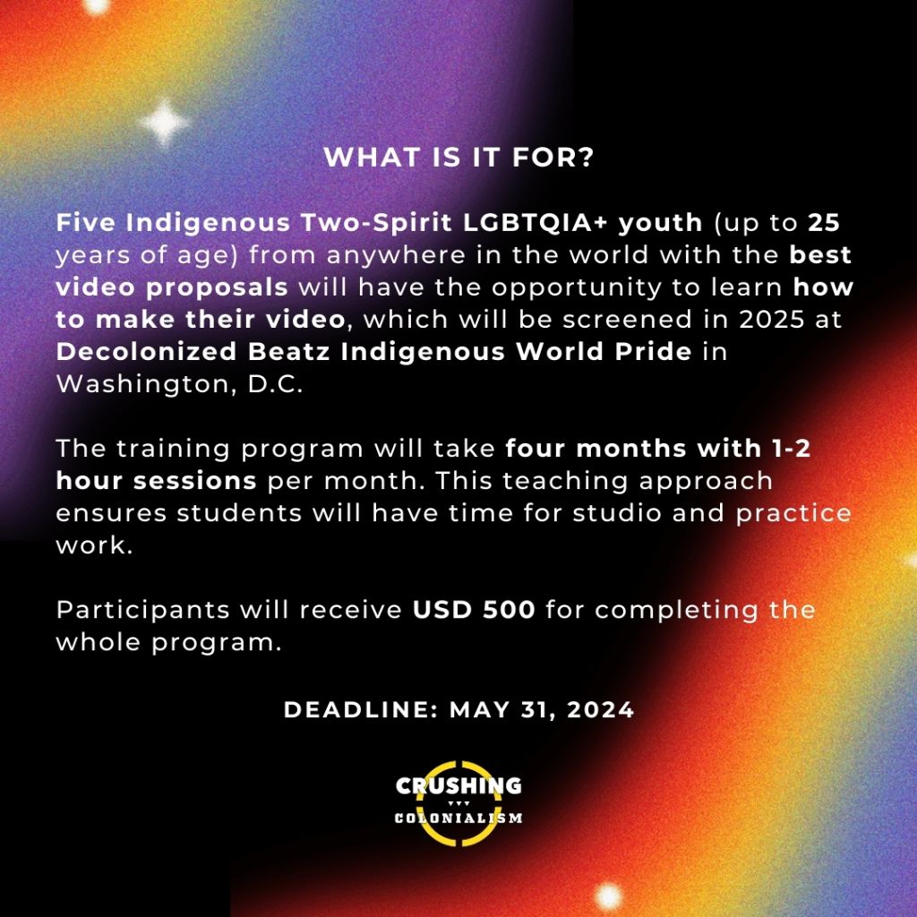 IMAGES DESCRIPTION: Over a black background with rainbow decoration, the four images describe the open call above mentioned and the two trainers’ profiles.