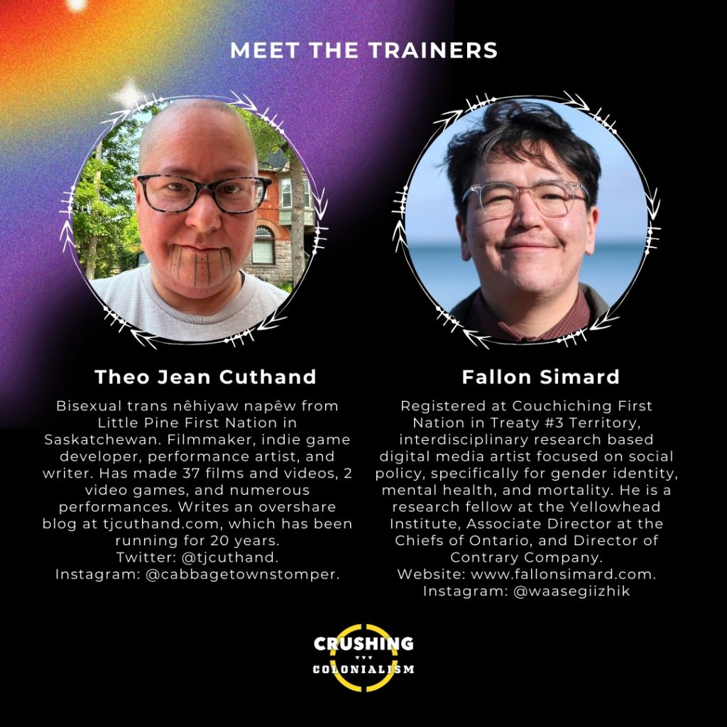IMAGES DESCRIPTION: Over a black background with rainbow decoration, the four images describe the open call above mentioned and the two trainers’ profiles.