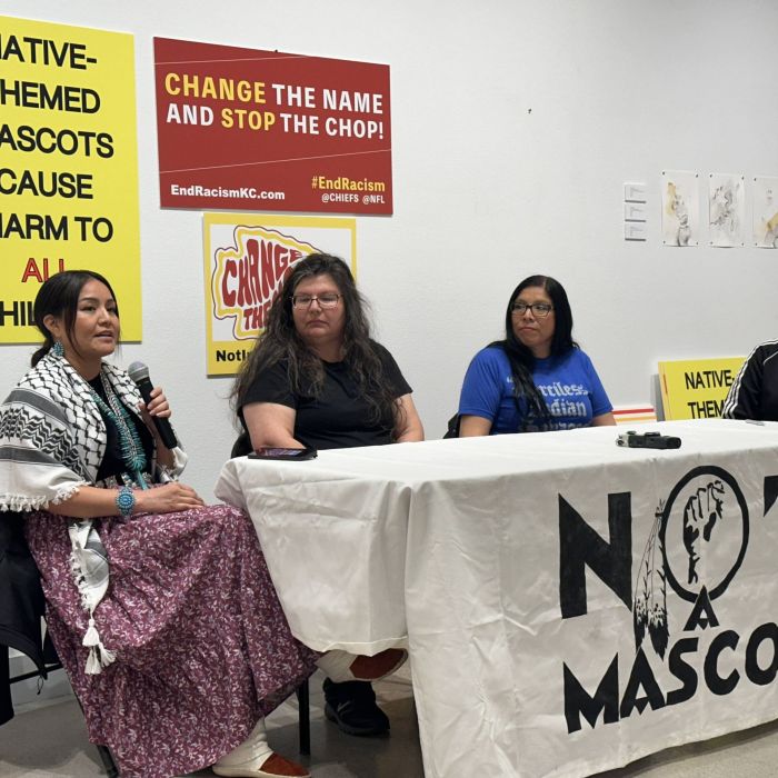 From left to right: Amanda Blackhorse from the Navajo Nation; Gaylene Crouser from the Standing Rock Sioux Tribe; Rhonda LeValdo from Pueblo of Acoma; Fawn Douglas from Las the Southern Paiute Tribe, at The Nuwu Art Gallery + Community Center, in “Las Vegas”, where the press conference was held. Photo credit: Acee Agoyo, February 11, 2024