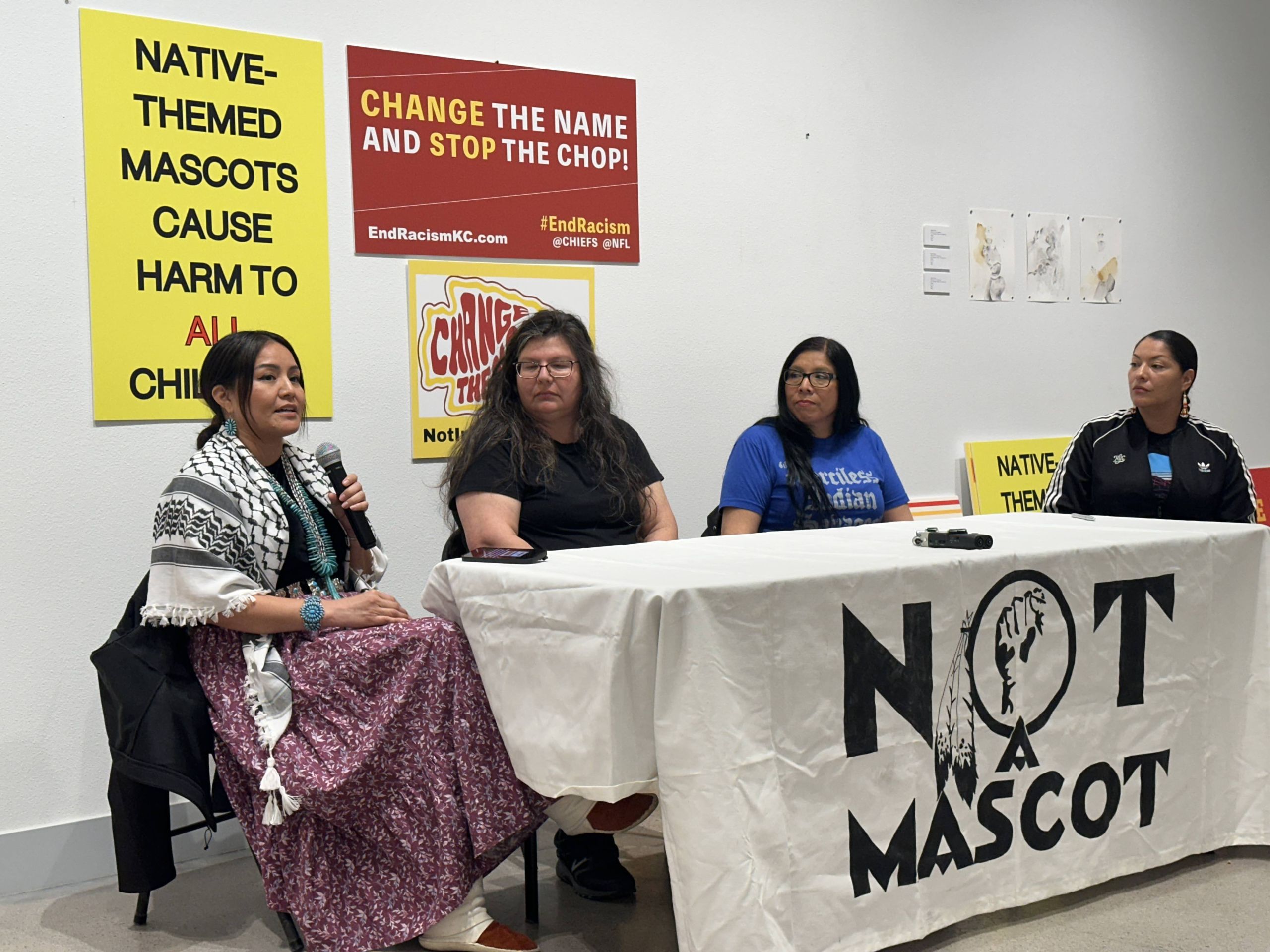 From left to right: Amanda Blackhorse from the Navajo Nation; Gaylene Crouser from the Standing Rock Sioux Tribe; Rhonda LeValdo from Pueblo of Acoma; Fawn Douglas from Las the Southern Paiute Tribe, at The Nuwu Art Gallery + Community Center, in “Las Vegas”, where the press conference was held. Photo credit: Acee Agoyo, February 11, 2024