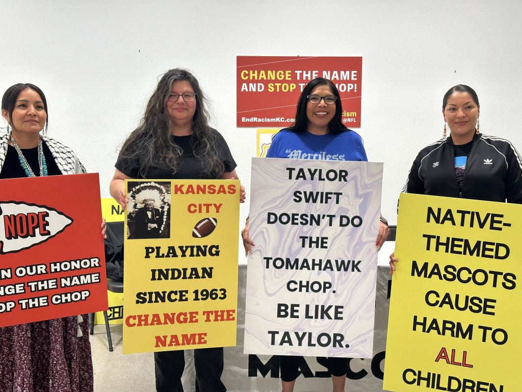 During the press release, Native people explained how the use of Native-themed mascots is demeaning, perpetuates stereotypes of Native people, and falls in line with mass cultural appropriation. Photo credit: Acee Agoyo, February 11, 2024