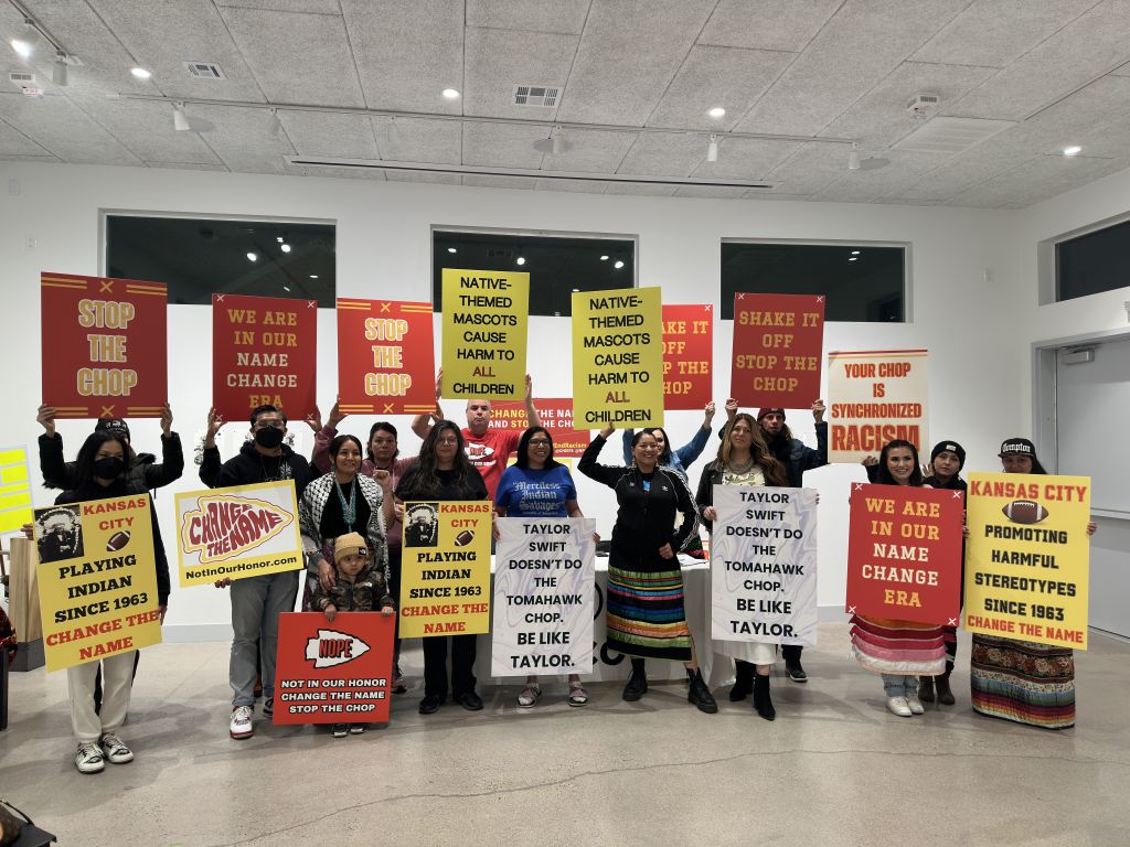 Native American groups asked for the abolishment of the “big drum” at home events, the “tomahawk chop” chant at all sports venues, and any Native American appropriation that occurs in the football stadium. Photo credit: Acee Agoyo, February 11, 2024