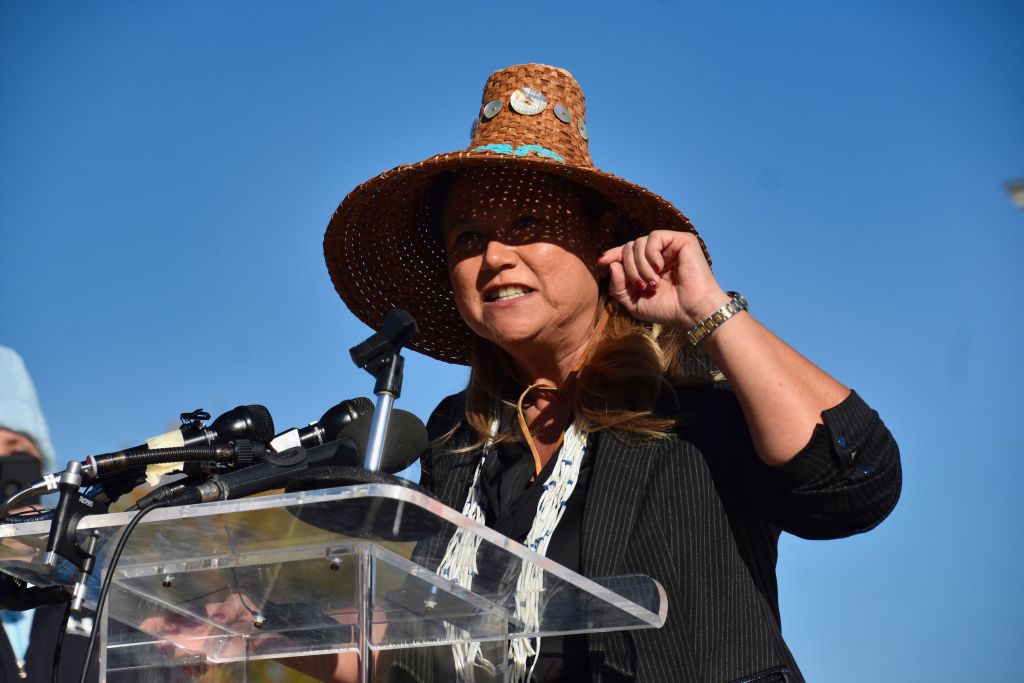 Photo of Fawn Sharp, Vice President of the Quinault Indian Nation (“Taholah, Washington, U.S.”), addresses the pro-ICWA rally crowd and media during a press conference held outside of the U.S. Supreme Court on November 9, 2023 Photo credit Jen Deerinwater.