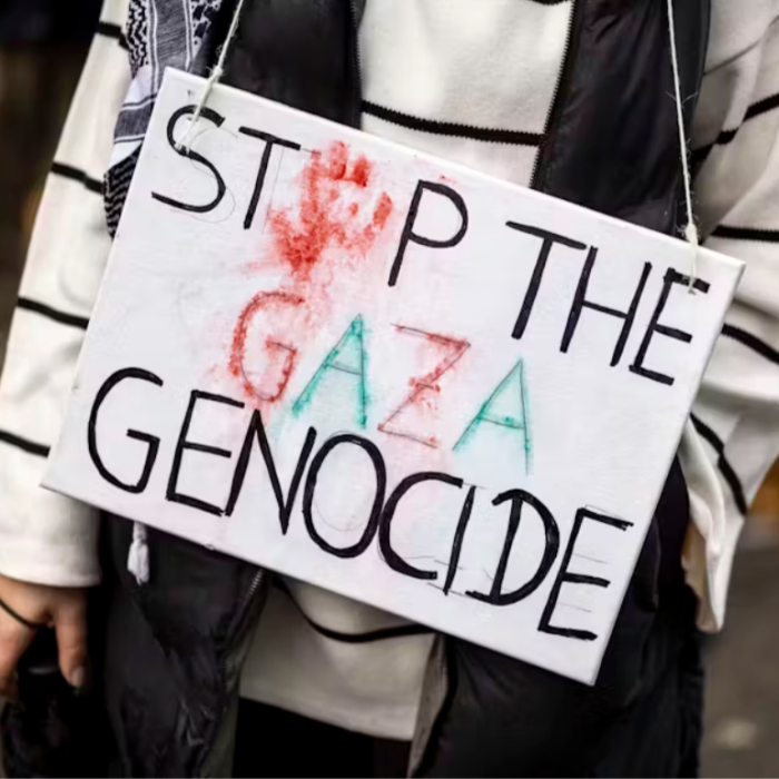 People holding signs calling for an end to genocide in the Gaza Strip have been a common occurrence at pro-Palestinian protests. Christoph Reichwein/picture alliance via Getty Images