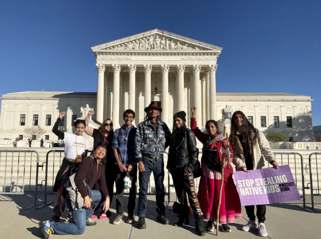 Photo taken outside of the U.S. Supreme Court of a group of Indigenous people at the pro-ICWA rally held on November 9, 2023. Photo credit Tsaitami Duchicela.