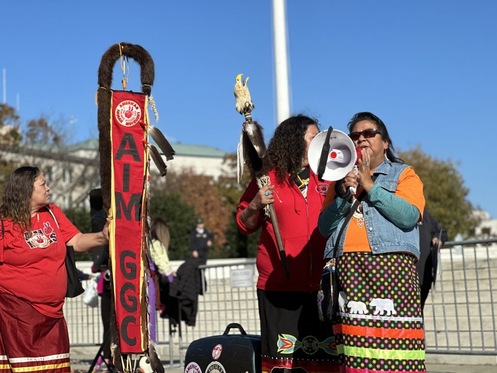 Photo of a group of Indigenous people taken outside of the U.S. Supreme Court at the pro-ICWA rally held on November 9, 2023. Photo credit Acee Agoyo.