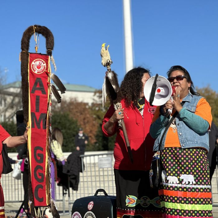 Photo of a group of Indigenous people taken outside of the U.S. Supreme Court at the pro-ICWA rally held on November 9, 2023. Photo credit Acee Agoyo.