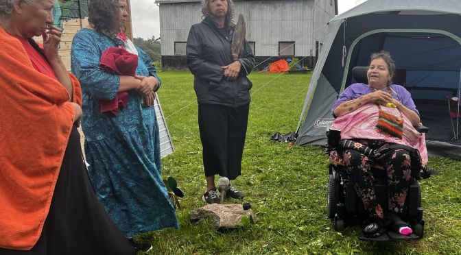Bella Laboucan-Mclean's mother and aunt, alongside Terri Monture from No More Silence and Wanda Whitebird before their family's ceremony in the Hummingbird Lodge. Photo credit: Audrey Huntley