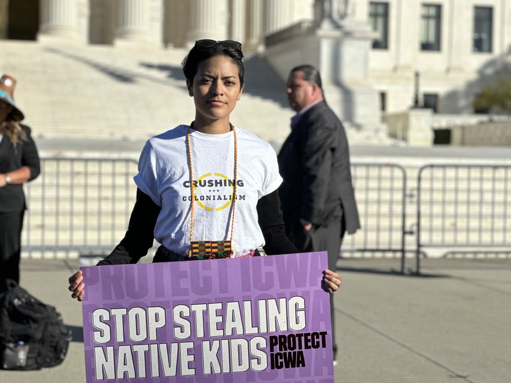 Photo of Tsaitami Duchicela, an Indigenous community member, taken outside of the U.S. Supreme Court at the pro-ICWA rally held on November 9, 2023. Photo credit Acee Agoyo.