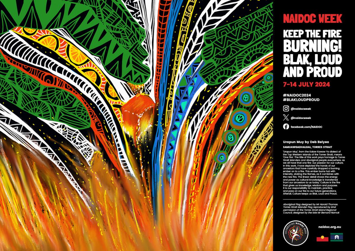 La foto muestra el poster oficial de la Semana NAIDOC 2024, titulado Urapun Muy, del dialecto Kalaw Kawaw de las Top Western Islands, que significa "un fuego". El poster tiene colores verde, rojo, amarillo, tomate, y representan este fuego antes mencionado.