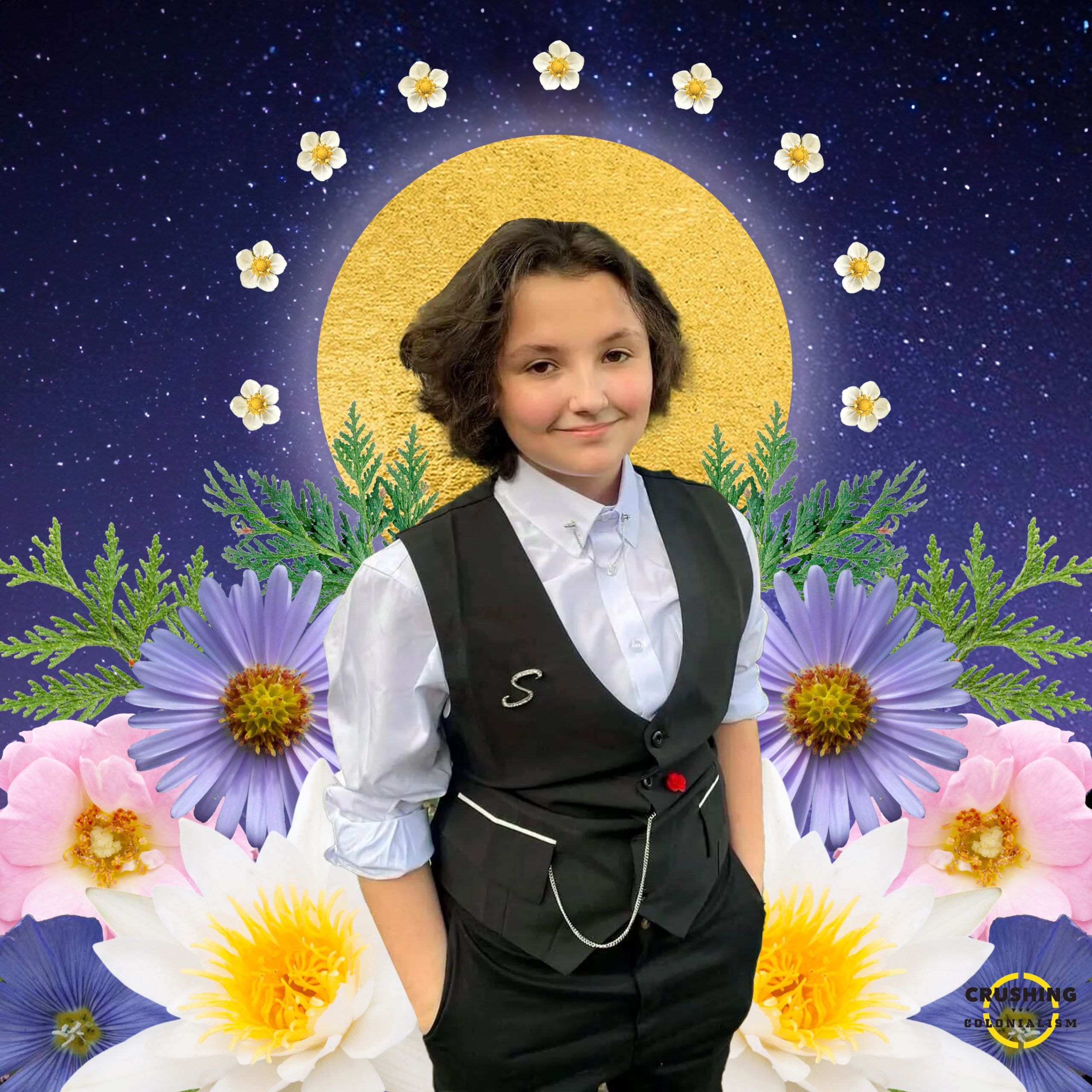 The photo shows an illustration of Nex Benedict, surrounded with flowers native to Chahta Territory. The stars are from a so-called "Oklahoma" skyline. The overall color palette reflects the non-binary flag colors of black, white, purple, and yellow. The cedar around their shoulders is there to send them off in a good way.