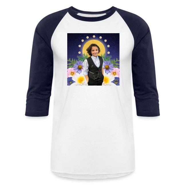 A White Baseball tee is pictured with the Rest in Sacredness design that features a photo of a a starry sky, Nex Benedict is standing in front of a halo-like circle and is surrounded by flowers against a white background.