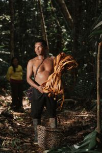 Armando Umirez (traditional name: Jan+fo) is one of the last Muinane who speaks his Native language fluently, having learned it from his father. Although his mother is from the Bora ethnic group and he currently resides in Uitoto territory, Armando always tries to speak his language with the few relatives who still speak it. Armando extracts bark to weave a matafrío, a task shared between men and women, to extract the juice from the cassava and obtain starch. Photo by: Ryan Cortés, August 19, 2024