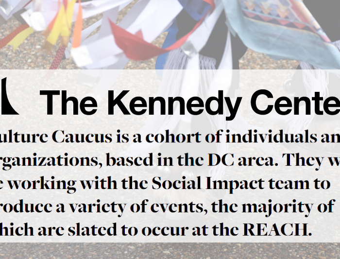 Text against colorful background reads: "The Kennedy Center Culture Caucus is a cohort of individuals and organizations, based in the DC area. They will be working with the Social Impact team to produce a variety of events, the majority of which are slated to occur at the REACH."