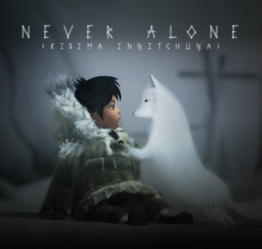 Promo graphic for Never Alone Kisima Ingitchuna which features a young inuit child in a traditional park face to face with a white arctic fox that has its front paws resting on the young child's chest against a blurred arctic background in shades of white and dark gray.