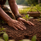 Close-up of a Kichwa Indigenous elder’s hands pressing dark, fertile soil around a small green seedling at the edge of the Napo River, in the Ecuadorian Amazon. Her hands are weathered and steady, showing years of experience. The plant is rooted in open earth, with soft green vegetation and a woven basket visible in the background. The scene conveys care, patience, and a deep, living relationship with the land. Photo credit: Eri’ife Micheal, January 20, 2026.