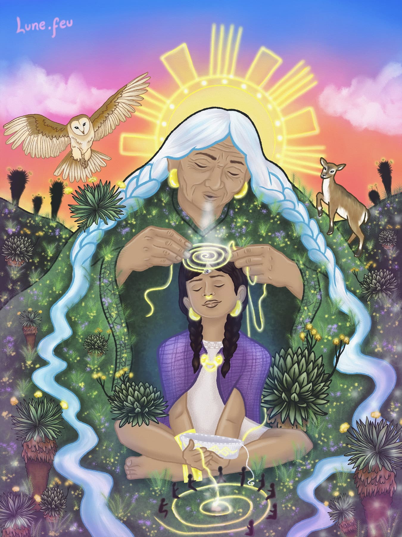 Digital illustration of an Indigenous elder blessing a seated child beneath a glowing sun, surrounded by desert plants, an owl, and a deer in a colorful landscape.