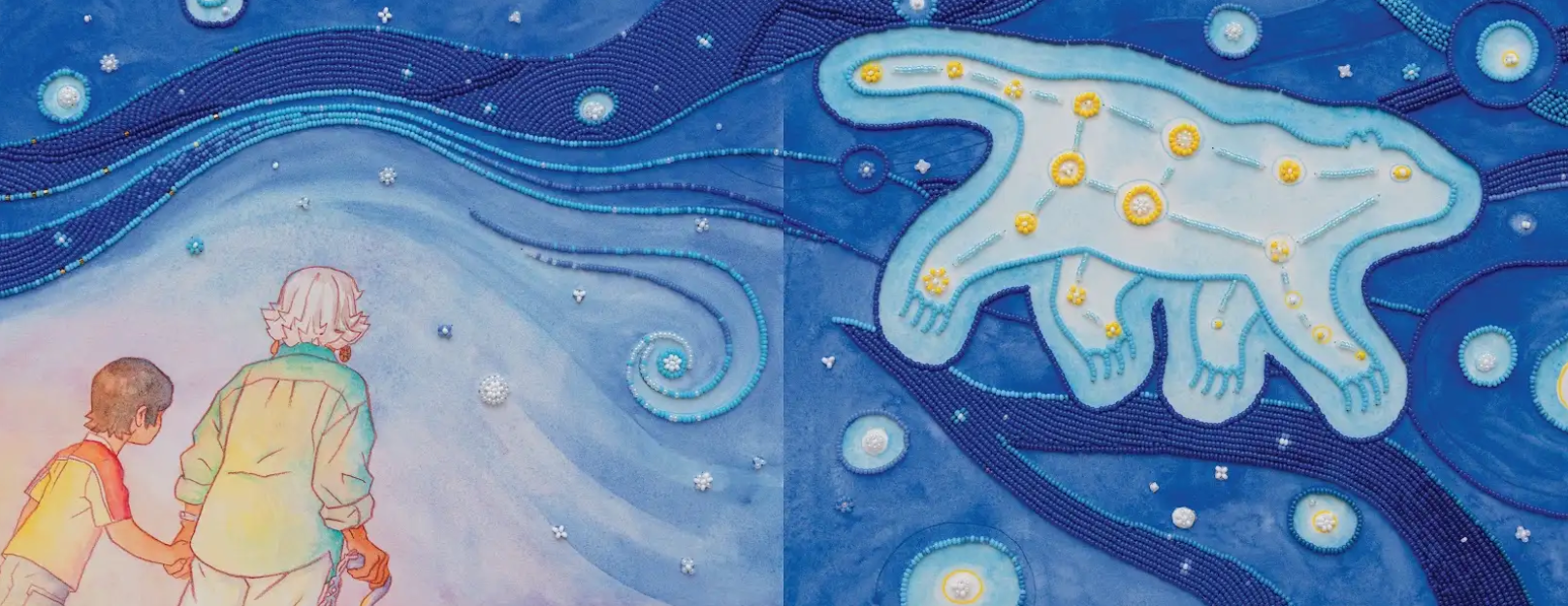 Using the constellation of the Great Bear as an analogy, Elisi teaches Clay the concept of "gadugi": that we are all stronger when we are together with our community rather than alone. The artwork combines watercolor illustration and intricate beadwork to depict Elisi and Clay walking hand in hand beneath a deep blue night sky. Flowing strands of blue and white beads resemble water or wind, leading to a large beaded constellation in the shape of a bear.