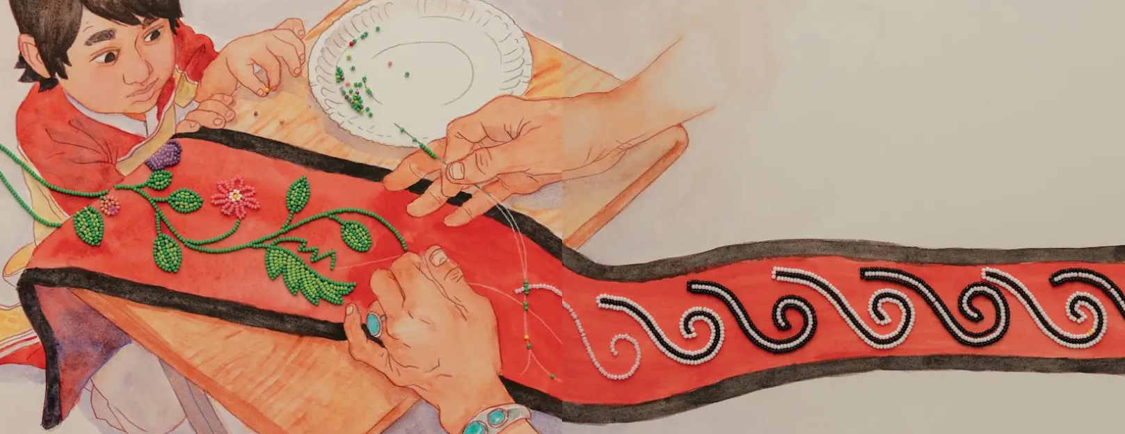 A boy, Clay, looks on as Elisi ("grandmother") works on a beadwork piece using the method taught to Winona, loading beads onto one thread which will be tacked down using a second thread and needle passing through from the back of the fabric. The painted illustration depicts Elisi carefully stitching vibrant green and red floral beadwork onto a long red fabric panel decorated with black and white swirling designs. In the background, Clay watches the beading process while holding a paper plate with beads, emphasizing the passing of artistic knowledge and cultural traditions from one generation to the next.