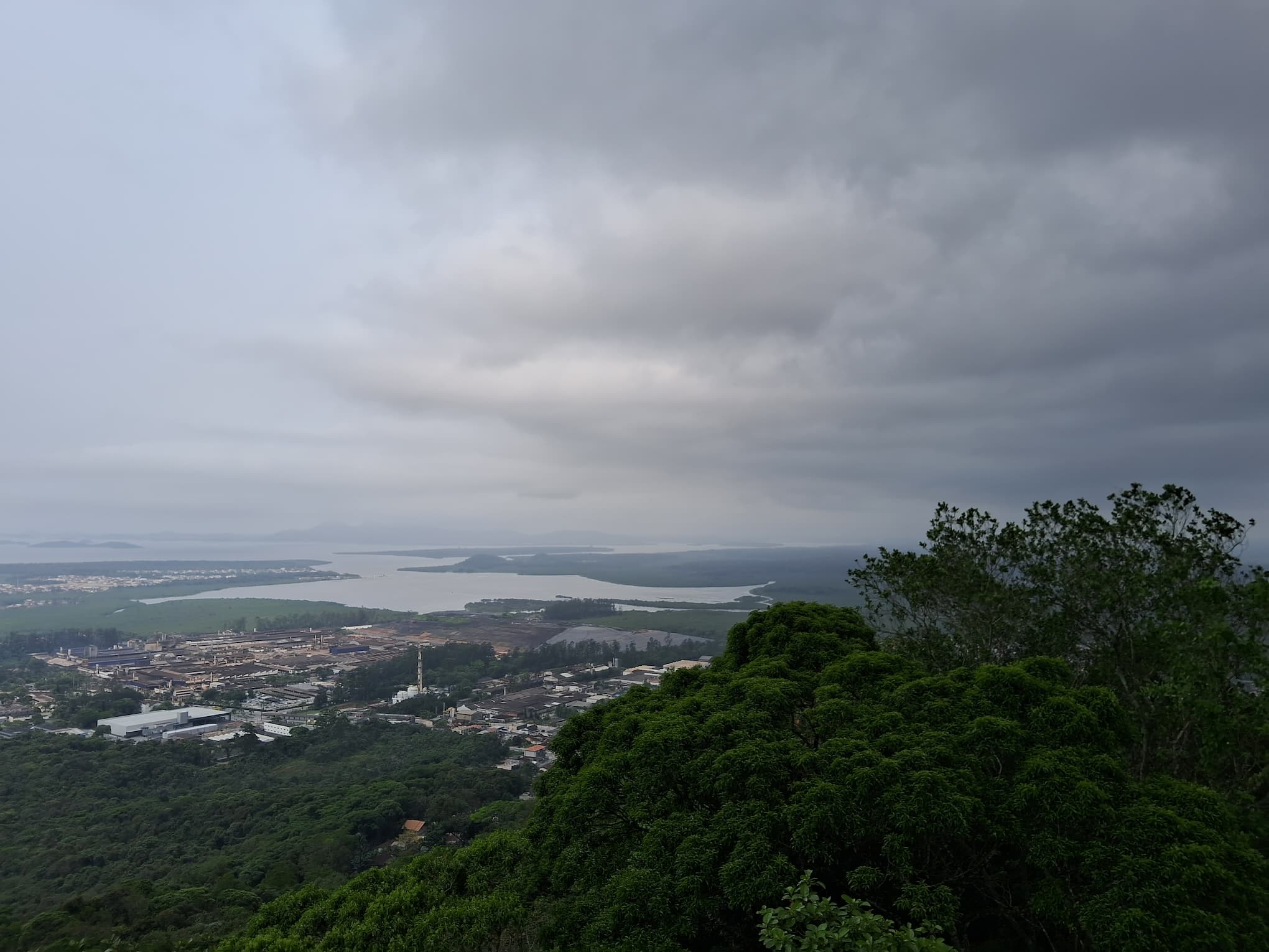 Overcast view of Babitonga Bay, Brazil, from a forested hilltop, with factories below and mangroves along the shore.